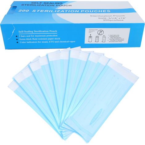 200 Sachets Autocollants Stérilisateurs Dentaires - Poches en PVC Transparent Bleu (135x310mm) (1/5)
