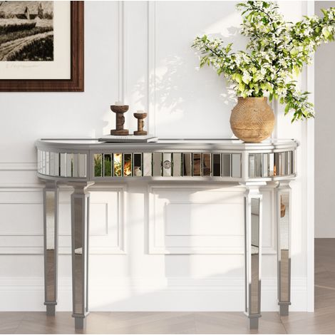 Console demi-lune 120x38x78 cm gris argenté en verre et MDF avec tiroir et bouton cristal (1/5)
