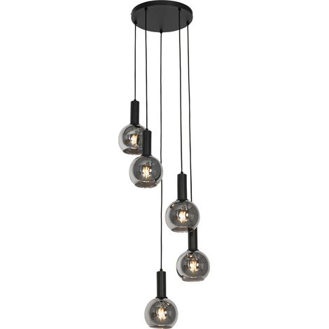 Art Deco Pendant Light Black with Smoke Glass Round 5-Light - Josje
