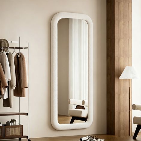 VASIEN – Miroir pleine longueur 160x50 cm,miroir sur pied autoportant et fixable au mur,cadre rembourré velours rectangle à coins arrondis,miroir dressing pour chambre salon,blanc (1/5)