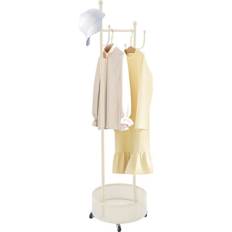 Portemanteau rond blanc - 6 crochets - Panier rangement - Roulettes dont 2 freinées - Charge 10 kg - 170x45CM - Pour entrée, chambre, salon