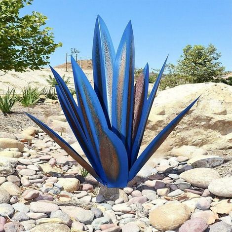 Plante d'agave en métal, pour la décoration de jardin, rouge, sculpture rustique de Tequila, adaptée pour l'intérieur, ornements de pelouse（35cm，Bleu foncé） (1/3)