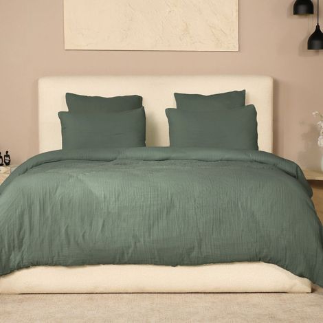 Parure housse de couette 240x220cm + 2 taies 100% gaze de coton lavée vert cèdre - VALMA (1/4)