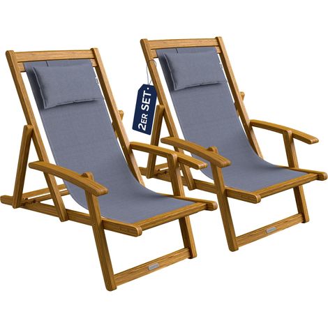 CASARIA® Sonnenliege Holz Wetterfest Klappbar 3-fach Verstellbar bis 160kg Gartenliege Outdoor mit Nackenkissen & Armlehnen Liegestuhl für Garten Balkon Terrasse Camping Akazienholz 2x Anthrazit (1/5)