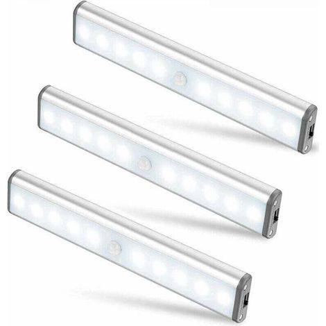 Lot de 3 lampes sans fil à 10 LED, rechargeables par USB, avec détecteur de mouvement magnétique, 2 modes d'éclairage, portables. Éclairage de placard, éclairage de secours, veilleuse pour enfants. (1/5)