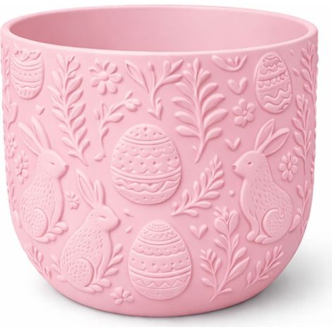 Vaso di fiori rosa pasquale con coniglietti, copertura decorativa primaverile