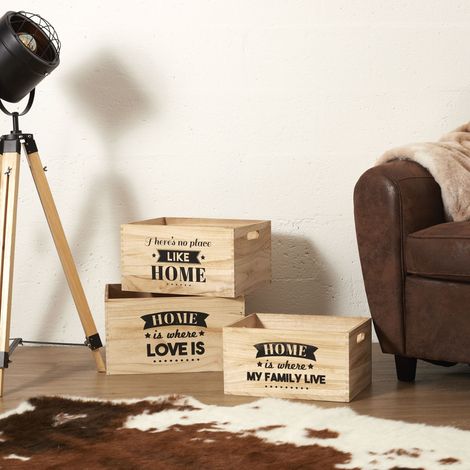 Lot de 3 Cagettes - HOME DECO FACTORY - Bois - Beige et Noir (1/6)