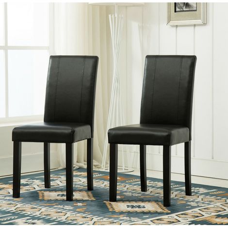 2 x Faux Leather Dining Chairs With Solid Wooden Legs home & restaurants BLACK (1/4)