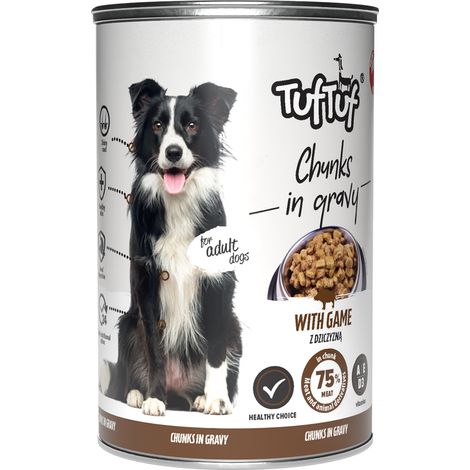 Comida húmeda para perros TufTuf sabor venado, lata de 415 g con trozos de carne. (1/2)