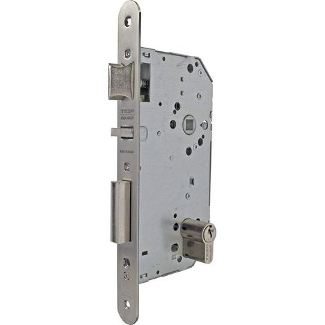 Serrure à encastrer pour portes bois, axe 60 mm, finition gris inox, têtière carrée (1/3)