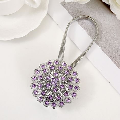 Lot de 2 Embrasse Rideau Aimantée Cristal Fleur– Attache Magnétique Alliage Sans Perçage, Boucle Décorative Européenne Fil à Ressort Métal Salon Chambre Voilage-Diamant violet argenté (1/2)