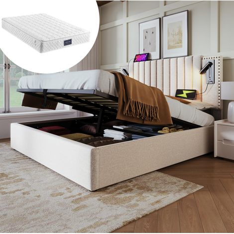 Letto contenitore 140x200 cm beige in cotone con materasso, luci da lettura USB-C e testiera regolabile (1/5)