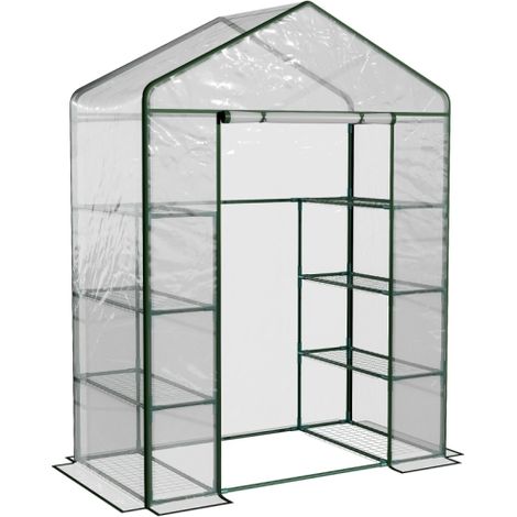 4-Tier Walk-In Greenhouse with 8 Shelves,Roll-Up Zipped Door,Steel Frame,143x73x195cm,Durable Hemmed Cover for Optimal Growth