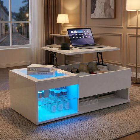 Couchtisch 100 x 55 x 35 cm mit Hubmechanismus im modernen Stil – Hochglanz-Wohnzimmertisch mit LED-Beleuchtung und höhenverstellbarer Tischplatte