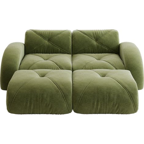 2-Sitzer-Modulsofa aus grünem Chenille mit 2 Hockern, montagefrei (1/5)