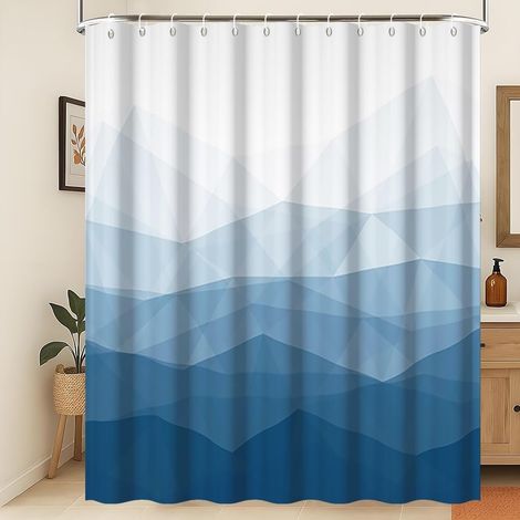 Rideau de Douche Moderne Bleu Concis Esthétique Contemporaine Abstrait Rideau de Salle de Bain Imperméable 3D Ombre Blanc Lignes Géométriques Décoration de Salle de Bain 150x200cm (1/5)