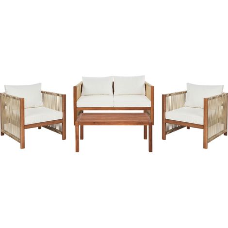 Set di divani da giardino a 4 posti in corda sintetica di legno di Accacia con tavolo e cuscini in legno chiaro e beige Antria