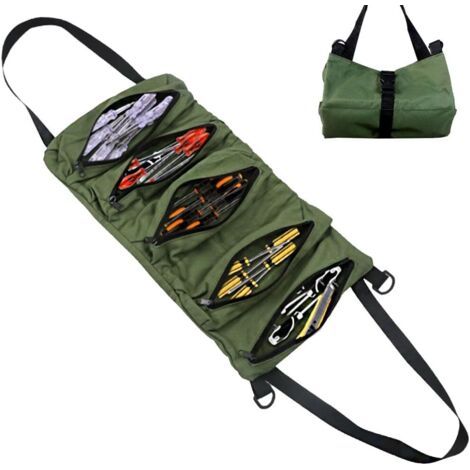 Borsa portautensili arrotolabile in tela, custodia vuota con 5 tasche con cerniera, portatile per idraulici e appassionati del fai da te. (1/5)