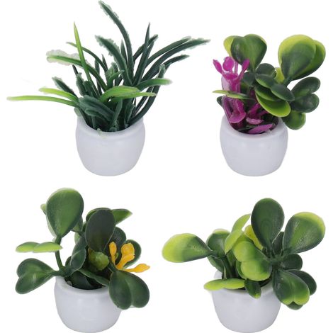 Lot de 4 plantes miniatures en pot pour maison de poupée (fleurs artificielles miniatures, petits bonsaïs) à l'échelle 1:12. Décoration de jardin pour maison de poupée. (1/5)