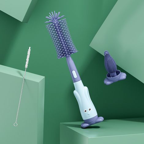 Ensemble de goupillons de nettoyage pour biberons avec clip, en silicone alimentaire sans odeur et respectueux de l'environnement (bleu). (1/5)