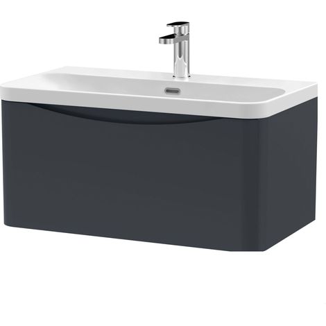 Balterley Dunwood Modern Bathroom Wall Hung 1 Drawer Vanity Unit & Ceramic Basin, Dark Grey, 800mm (1/4)
