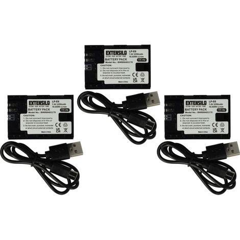 EXTENSILO 3x Akku kompatibel mit Canon EOS R5 Mark II, 80D, R5, 7D Mark II, 70D, 90D, R, 6D Mark II, R5 C, 7D Kamera (2250 mAh, 7,4 V, Li-Ion), USB-C (1/5)