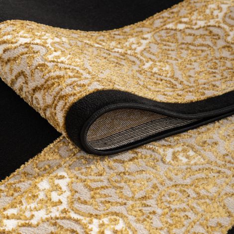 Paco Home Teppich Wohnzimmer Schlafzimmer Kurzflor Vintage Orientalisch Abstraktes Muster Schwarz Gold 80x150 cm
