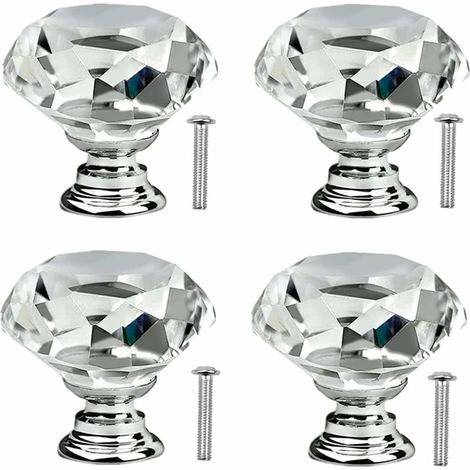 Lot de 4 poignées de porte, boutons de tiroir, boutons en verre cristal effet diamant avec vis pour meubles de cuisine, 30 mm (1/5)
