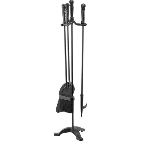 Ensemble d'outils de cheminée 4 pièces avec support tripode, incluant pelle à cendres, brosse et tisonnier en fer forgé, noir, intérieur/extérieur. (1/5)