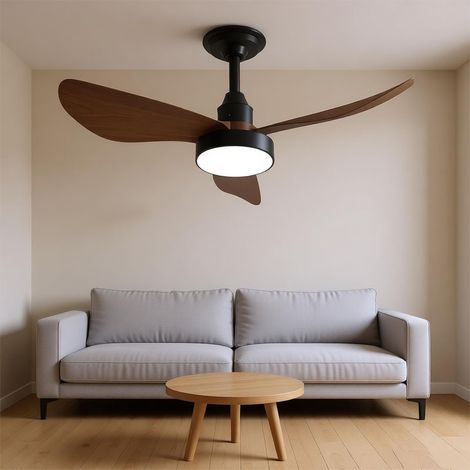 Ventilateur de plafond encastré avec éclairage pour chambre et salon, avec télécommande, trois températures de couleur réglables, noir et noyer