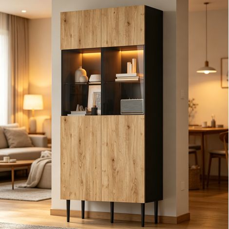 Vitrina 80x35x180 cm negro y natural en MDF, vidrio templado y metal con LED y gran capacidad (1/4)