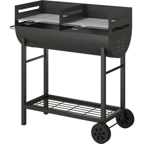 Barbecue américain Barbecue chariot avec 2 grilles indépendantes grille réglable en hauteur plan de travail en bois roues poignée latérale, 103 x 46,5 x 100cm (1/5)