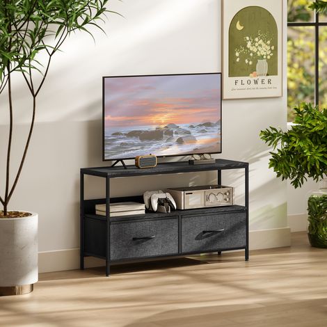 Meuble TV 47" avec tiroirs pliables en tissu et étagère en métal et MDF. 98 x 29 x 56 cm. Noir.