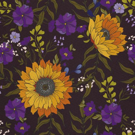 Tela decorativa para exteriores Oxford - motivo de girasoles y flores moradas I DX556 (1/5)