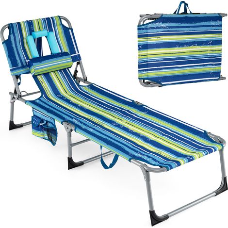 Bain de Soleil Inclinable à 5 Angles avec Trous pour Visage & Bras, Pochette et Appuie-Tête, Transat en Métal & Tissu Oxford, Charge 150KG, Bleu (1/5)