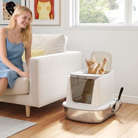 Arenero de acero inoxidable para gatos, arenero cerrado con pala, bolsa para olores y entrada/salida.