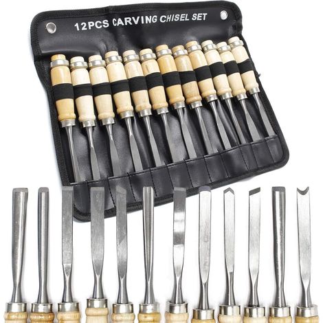 Kit 12 fers à sculpter, acier, manches bois, pour sculpture sur bois, outils menuiserie (1/5)