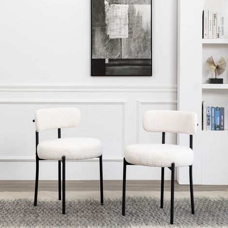 Chaise de Salle à Manger Blanche en Tissu Bouclette, Chaise à Dossier Bas, Pieds Métalliques Noirs, Chaise de Repas Moderne pour Cuisine (1/5)