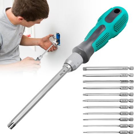 Lot de 12 embouts Torx, tournevis et 11 embouts Torx de 100 mm, T6, T7, T8, T9, T10, T15, T20, T25, T27, T30, T40 pour vis profilées en T, marteau perforateur, visseuse sans fil (1/5)