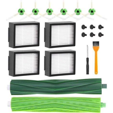 Ersatzteile für iRobot Roomba i7 i7+ i3 i3+ i4 i4+ i6 i6+ j7 j7+ i8 i8+ E5 E6 Staubsauger, Ersatzbürstenzubehör für Roomba, 4 Filter, 6 Seitenbürsten, 2 Gummibürsten (1/4)