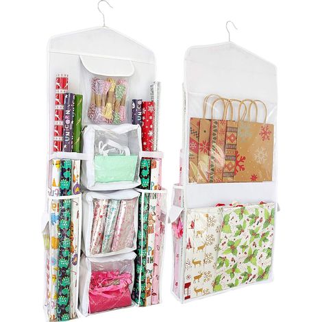Organisateur De Papier Cadeau - Porte-Papier Cadeau Double Face Avec Poches Zippées - Support Accrochable En Tissu Oxford - 1 Pièce (1/5)