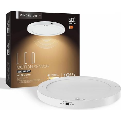 Luminaire monté au plafond avec capteur de mouvement à LED PIR, forme de panneau ultra-mince de 18 W, marche/arrêt automatique du crépuscule à l'aube (ou jour et nuit) (1/5)