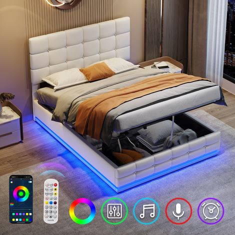 Ottoman Double Bed with LED Lighting, PU Leather Upholstered Bed with Hydraulic Storage, 4ft6 Double Bed Frame with Adjustable Button Tufted Headboard, Cream White (No Mattress)