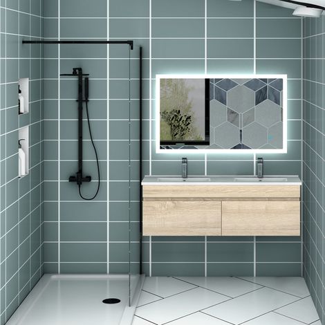 Aica Ensemble meuble Salle de Bain + double vasque L.120cm Chêne 2 portes + Miroir LED 100 x 60 cm