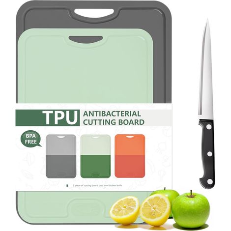 2 paquets Planche à découper flexible en TPU,sans BPA,avec couteau et rainure pour jus,résistante aux rayures,passe au lave-vaisselle,poignée facile à saisir,antidérapante (Gris + Vert) (1/5)