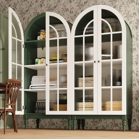 Set de 2 armoires vitrines en arc de 165cm avec portes doubles en verre cannelé, 3 étagères, 2 couleurs (vert foncé + blanc) (1/4)
