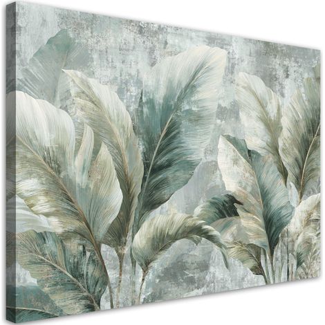 Quadro su tela, Foglie di banano esotiche in una composizione verde e beige. - 120x80 (1/2)