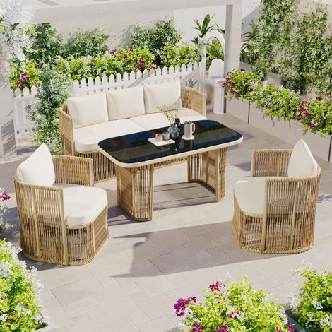 Set tavolo e sedie da giardino in rattan 5 pezzi con divano 3 posti, 2 poltrone e tavolo in vetro, salotto da esterno con cuscini per terrazza e balcone