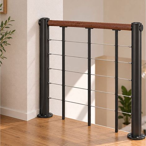 Ringhiera per scala dritta - Nero - Acciaio termolaccato - Lunghezza 1m - Corrimano in legno - RE-I-SLM-BOIS-NN (1/5)