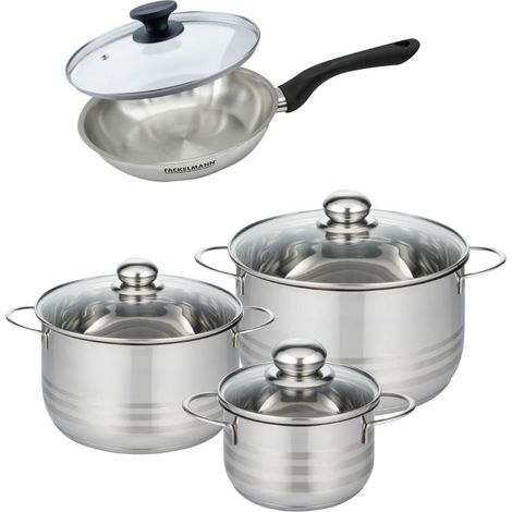 Set de 1 poêle 20 cm en inox et couvercle, 3 faitouts inox 16, 20 et 24 cm Fackelmann Geneva (1/5)